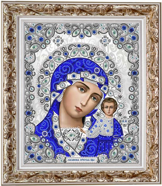 ЖК-4003 Пресвятая Богородица Казанская в серебре, кристаллах и жемчуге